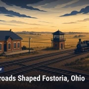 Fostoria News Railroad scene with old train station and freight trains at sunset.